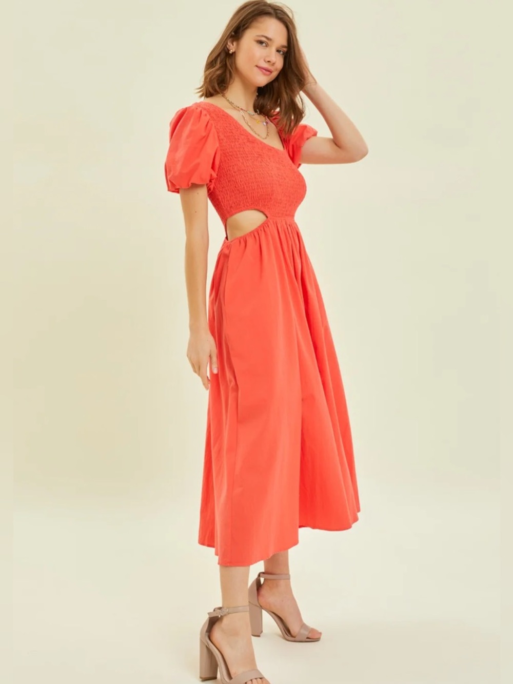 Heyson Smocked Cutout Puff-Sleeve Midi Dress-NWT